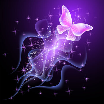Butterfly in starry sky with magical wings, fireworks and sparkle stars. Fantasy vertical walpaper background with fireflies and mystical smoke.