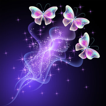 Butterflies in starry sky fireworks and sparkle stars. Fantasy vertical walpaper background with fireflies and mystical smoke.