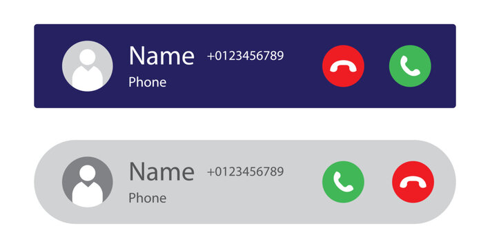 Incoming Call Screen Notification UI Set, Mobile Phone Call Popup Alert Bar with Accept and Decline Buttons in Dark, Light and Navy Vector for App Design.
