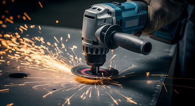 Dynamic close-up of a skilled worker operating an electric angle grinder, creating an intense shower of bright orange sparks while cutting and shaping a metal surface in an industrial workshop setting