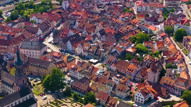Aerial view around the old town of the city  in Zell, 77736 am Hamersbach on a sunny spring noon in Germany, Baden-W&uuml;rttemberg