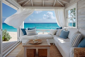 Fototapeta premium Coastal living room breeze blowing curtains over ocean view