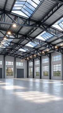 Empty warehouse interior showing bright industrial architecture
