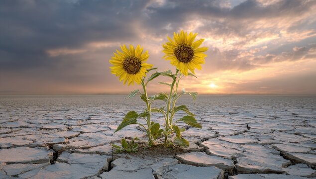 Sunflowers bloom defiantly in a cracked, arid wasteland under a dramatic sky