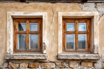 Obraz premium Rural house wall with old wooden windows