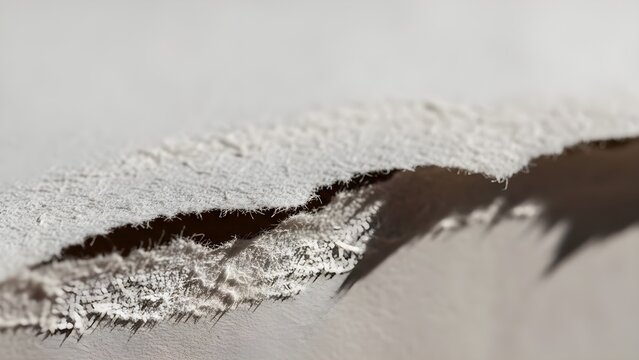 A close-up view of a crack in a white, textured surface with a shadow cast across it.