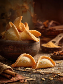 Golden Crispy Fortune Cookies Macro Food Photography. AI generative.