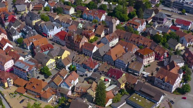 Aerial view around the old town of the city  in Zell, 77736 am Hamersbach on a sunny spring noon in Germany, Baden-W&uuml;rttemberg