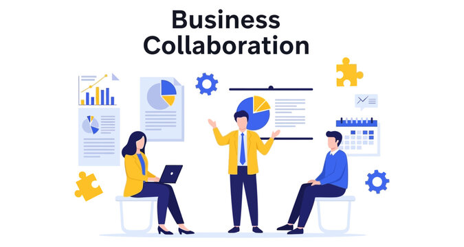 Business professionals collaborating on a strategy presentation with charts and graphs