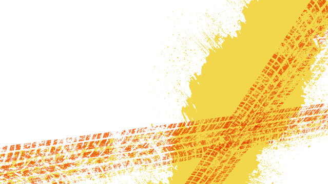 Yellow and orange grunge tire track background set, dynamic off-road vector texture
