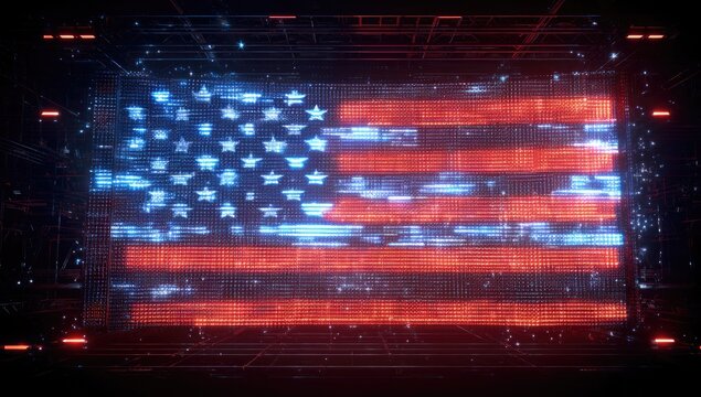 Digital glitchy American flag with circuit board overlay