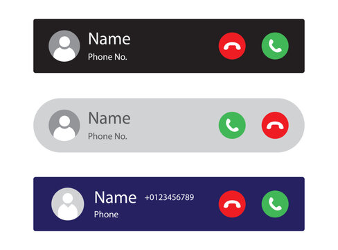 Incoming Call Screen Notification UI Set, Mobile Phone Call Popup Alert Bar with Accept and Decline Buttons in Dark, Light and Navy Vector for App Design.
