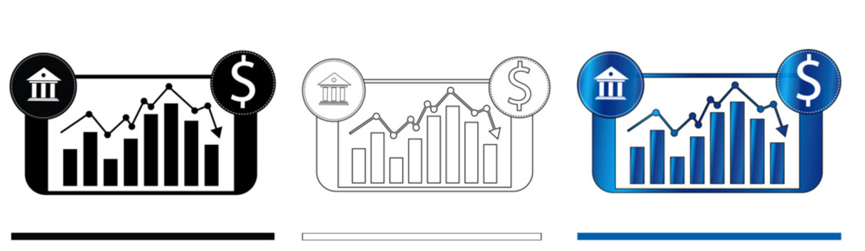 Digital Banking and Stock Market Analytics Icon Set: Financial Performance Charts with Bank and Dollar Symbols in 3 Styles