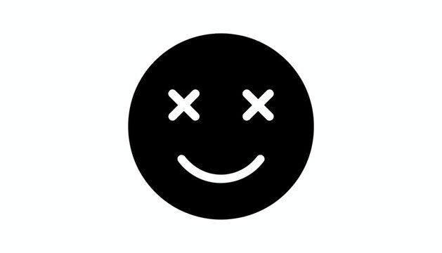 Black smiley face with x eyes and curved mouth.