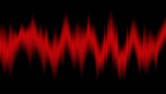 Vibrant Audio Spectrum: A captivating red audio spectrum pulsates against a stark black backdrop, creating a visually striking representation of sound waves and audio frequencies.