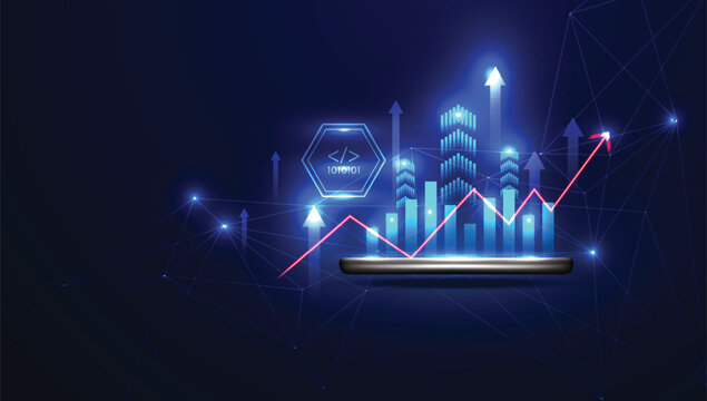 Digital Growth and Innovation: A vibrant illustration showcasing an upward trending graph intertwined with interconnected digital elements, symbolizing innovation and technological advancement.