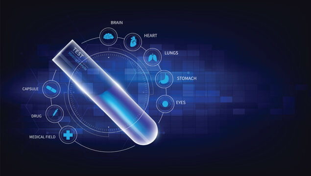 Medical Breakthrough in the Lab: A detailed illustration shows a futuristic, glowing test tube surrounded by icons representing medical concepts, hinting at scientific innovation and medical research.