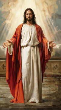 Jesus Christ in Heaven with Open Arms Divine Light Painting. AI generative.