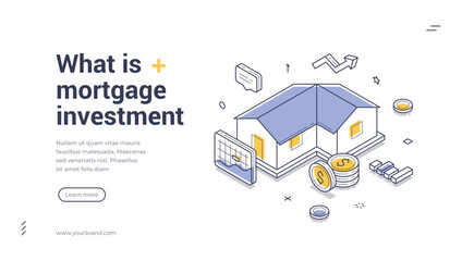 Fototapeta premium Isometric web banner template for mortgage investment and banking service. Financial business concept vector illustration. Use for landing page, presentation, real estate project, online analytics