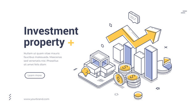Isometric web banner for investment property. Financial analytics and real estate business concept vector illustration. Use for landing page, presentation, website template, online marketing