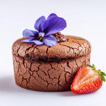Chocolate Lava Cake with Strawberry and Edible Flower Garnish. AI generative.