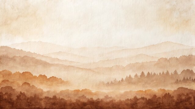 Abstract watercolor landscape painting with soft hazy mountains and forest in warm sepia and brown tones