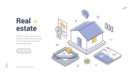 Plakat Real estate isometric web banner. Property investment and mortgage service concept. Modern landing page template vector illustration for home ownership and agency business website