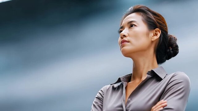 Vision of Aspirational Businesswoman: A confident Asian businesswoman, gazing skyward, embodies leadership, determination, and vision against a blurred backdrop, symbolizing ambition.
