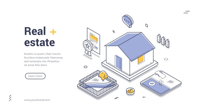 Real estate isometric web banner. Property investment and mortgage service concept. Modern landing page template vector illustration for home ownership and agency business website