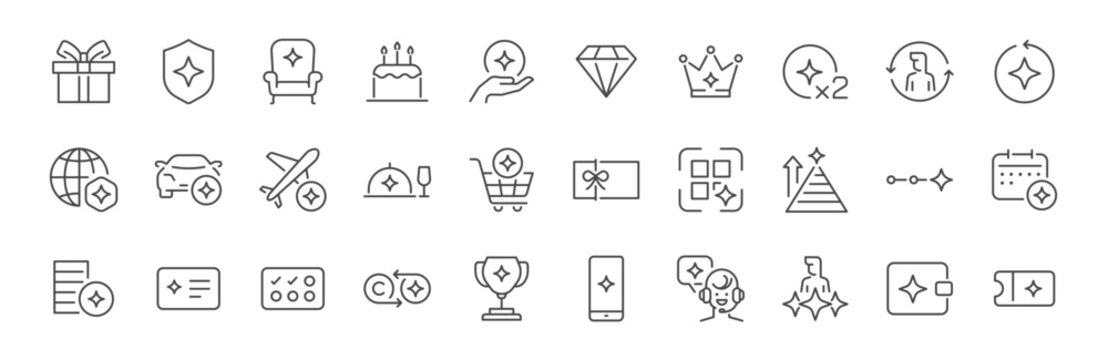 Member benefit icon set. It includes vip, exclusive, premium, perks, and more icons. Editable Vector Stroke.