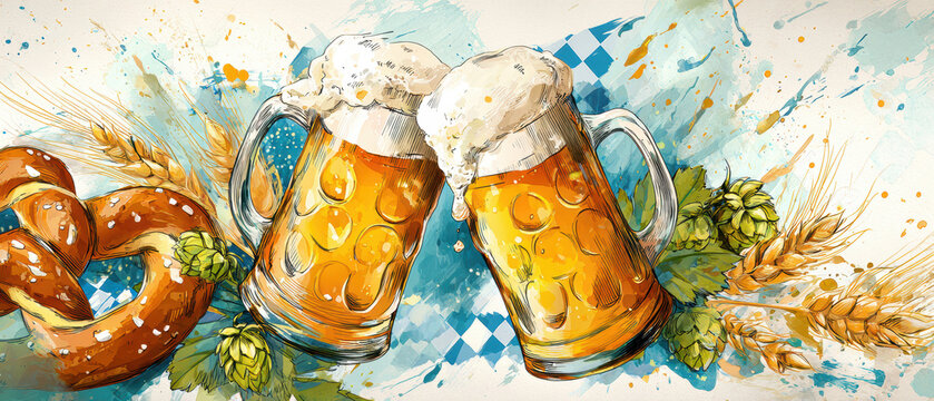 Oktoberfest Beer Mugs with Pretzels and Hops Illustration. AI generative.