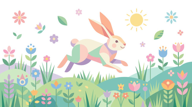 Joyful Easter Bunny Hopping Through Colorful Spring Meadow with Flowers and Sun