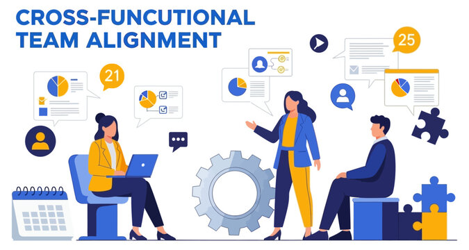 Diverse professionals collaborating on cross-functional team alignment with charts and puzzles