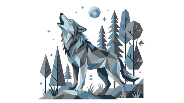 Geometric Wolf Howling at Moon in Stylized Forest Landscape