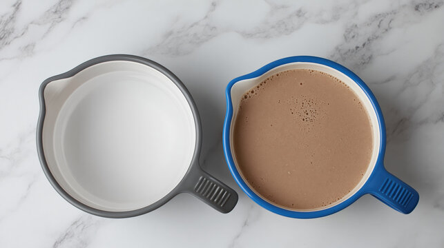 Peaceful flat lay of plain measuring cup and bowl on marble background with sweet chocolate milk liquid feeling calm and inviting