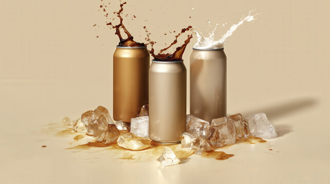 Dynamic Splash of Ready-to-Drink Protein Coffee Cans with Ice Cubes for Refreshing Energy