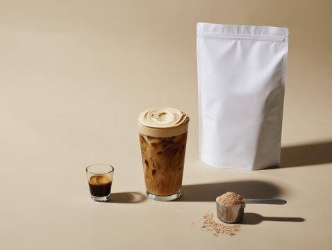 Healthy Iced Protein Coffee Preparation with Espresso, Powder, and Blank Pouch