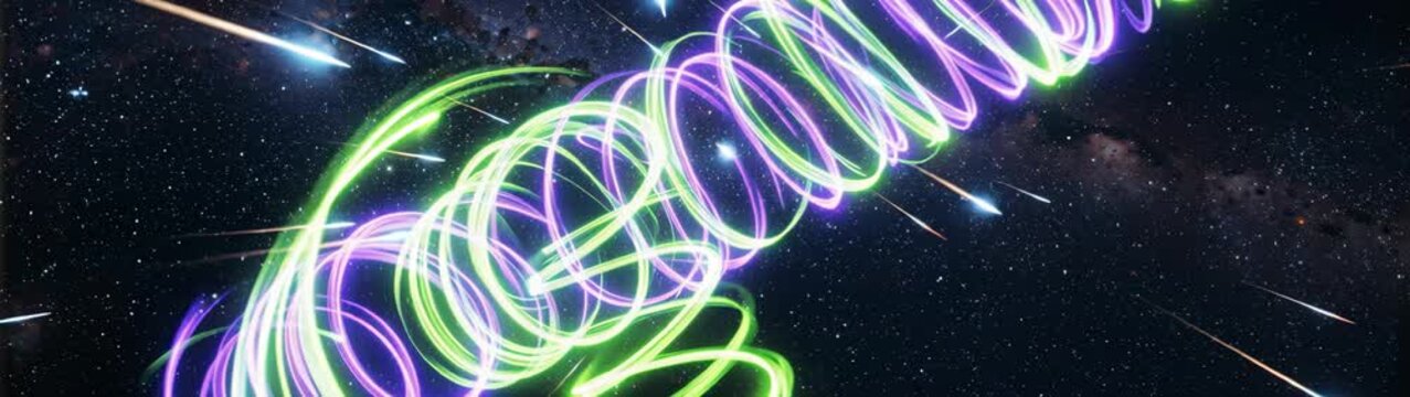 Neon light trails forming a luminous spiral against a starfield, with numerous meteoroids streaking across the dark sky.