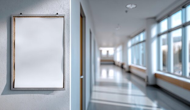 Empty notice board hangs on wall next to bright, airy modern corridor