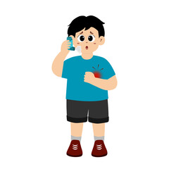 Obraz premium cute little kid using an inhaler because of shortness of breath. asthma symptoms. health problem. word asthma day. vector illustration 