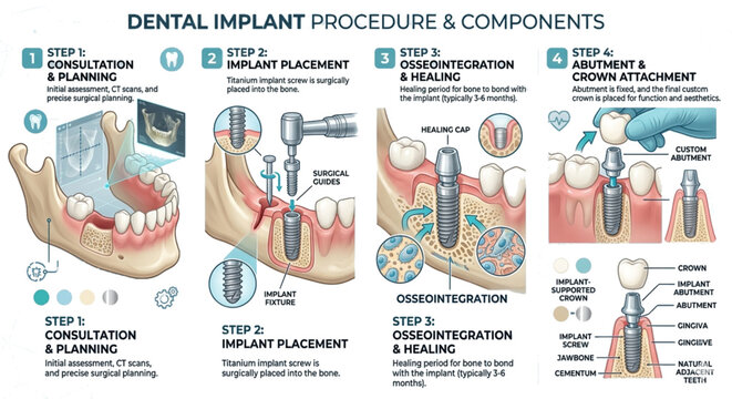 A comprehensive educational infographic titled "Dental Implant Procedure & Components". It illustrates the four primary stages of dental implantation: consultation and planning with CT scans, implant 