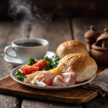 Gourmet Ham and Cheese Sandwich with Fresh Herbs and Coffee. AI generative.