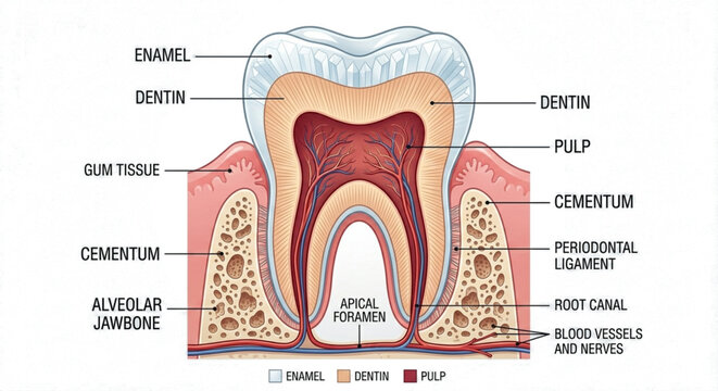 These educational medical illustrations provide a comprehensive guide to dental health. The first image details the step-by-step dental decay progression, from a healthy tooth to a severe pulp infecti