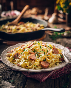 Traditional Polish Łazanki with Sauerkraut, Mushrooms and Sausage. AI generative.