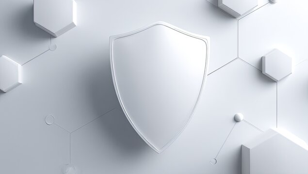 Abstract white shield emblem on hexagonal network, representing security and protection