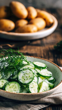 Traditional Polish Mizeria Cucumber Salad with Cream and Dill. AI generative.
