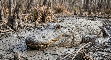 Fototapeta premium A candid shot of an alligator half-submerged in a thick, grey mud hole during the dry season. The mud is drying on its scales, creating a cracked, 