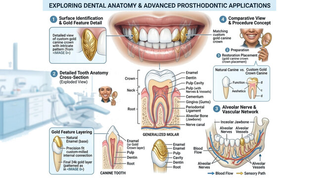This professional medical infographic provides a detailed exploration of dental anatomy and advanced prosthodontic applications, specifically focusing on custom gold canine crowns. It features cross-s