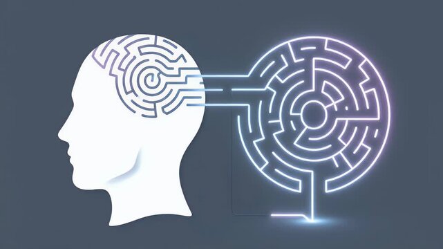 A stylized illustration depicts a human head profile with a complex maze integrated into the brain area, symbolizing the intricacies of thought and problem-solving.