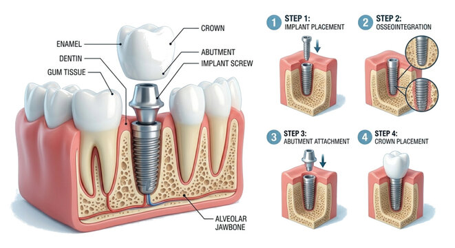 This educational infographic details the Dental Implant Process in four clear steps: implant placement, osseointegration, abutment attachment, and final crown placement. It features a cross-section 